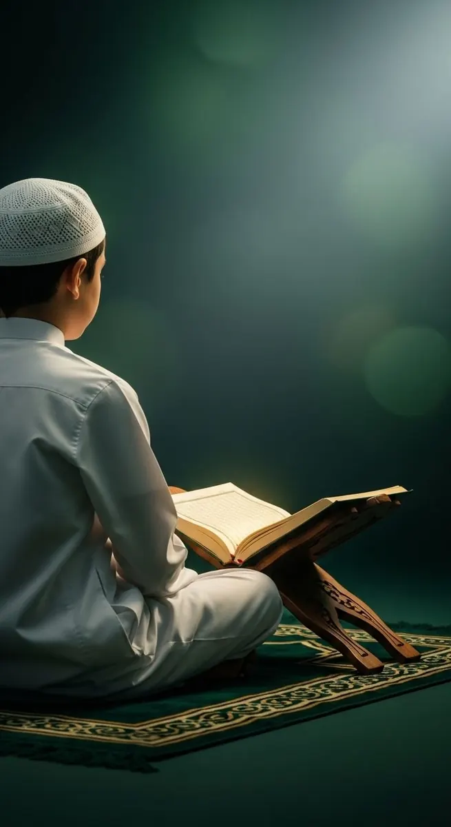 A young student in white reading the Quran on a wooden rehl with warm gold light